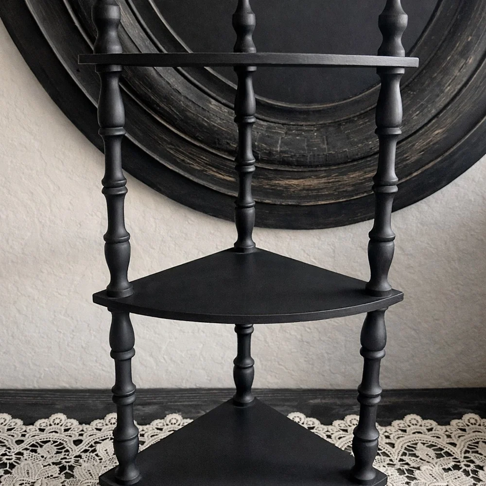 Vintage refinished Black Corner Wall Shelf - mid century modern decor 22” tall